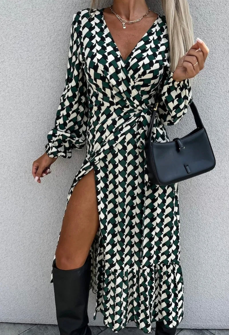 Jill - Green Abstract Midi Sleeved Dress