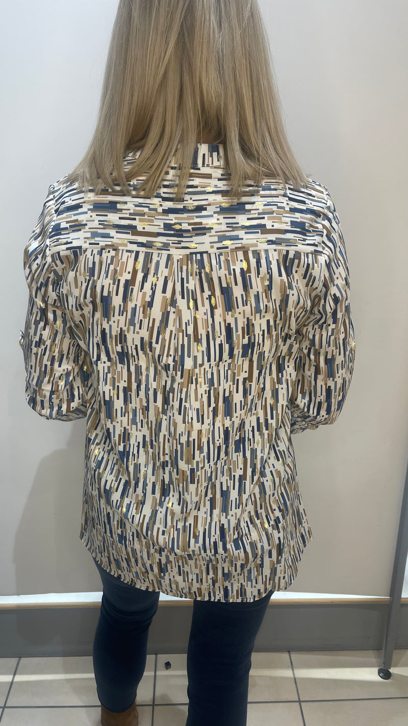 Ivy - Blue/Beige Print Gold Leaf Button Top