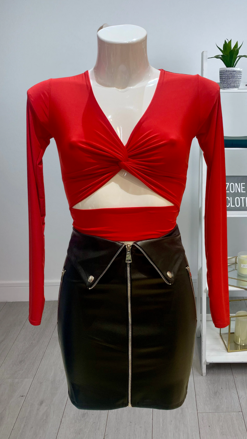 Ella - Red Long Sleeve Cut Out Top