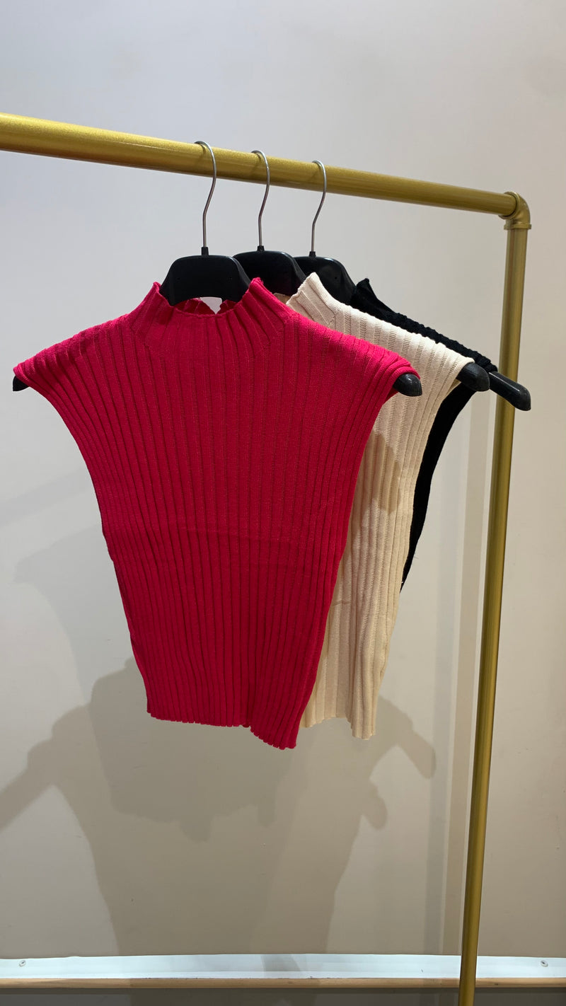 Lewis - Fuschia Ribbed Funnel Neck Top
