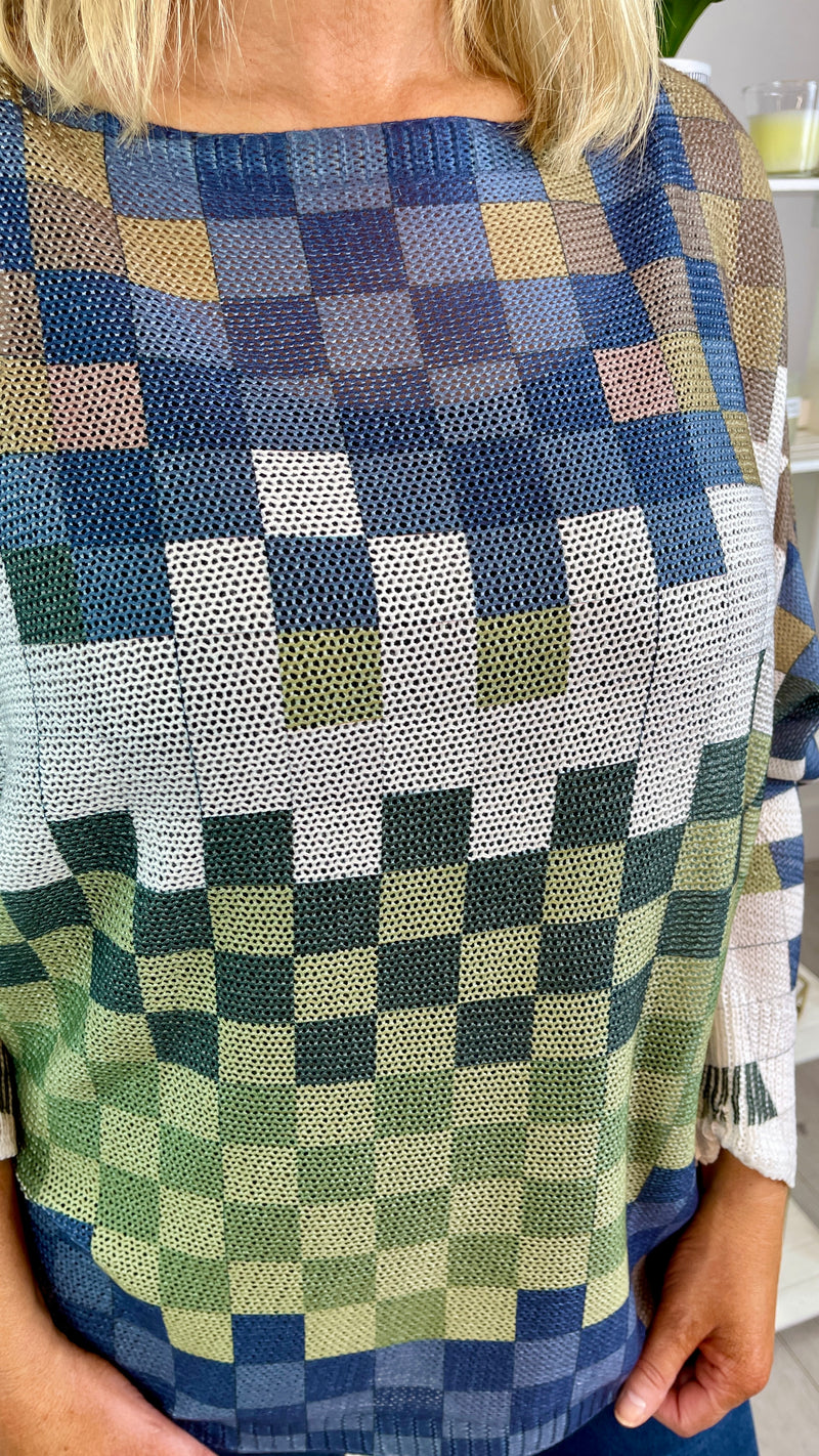 Joey - Green/Blue Square Print Fine Knit Top
