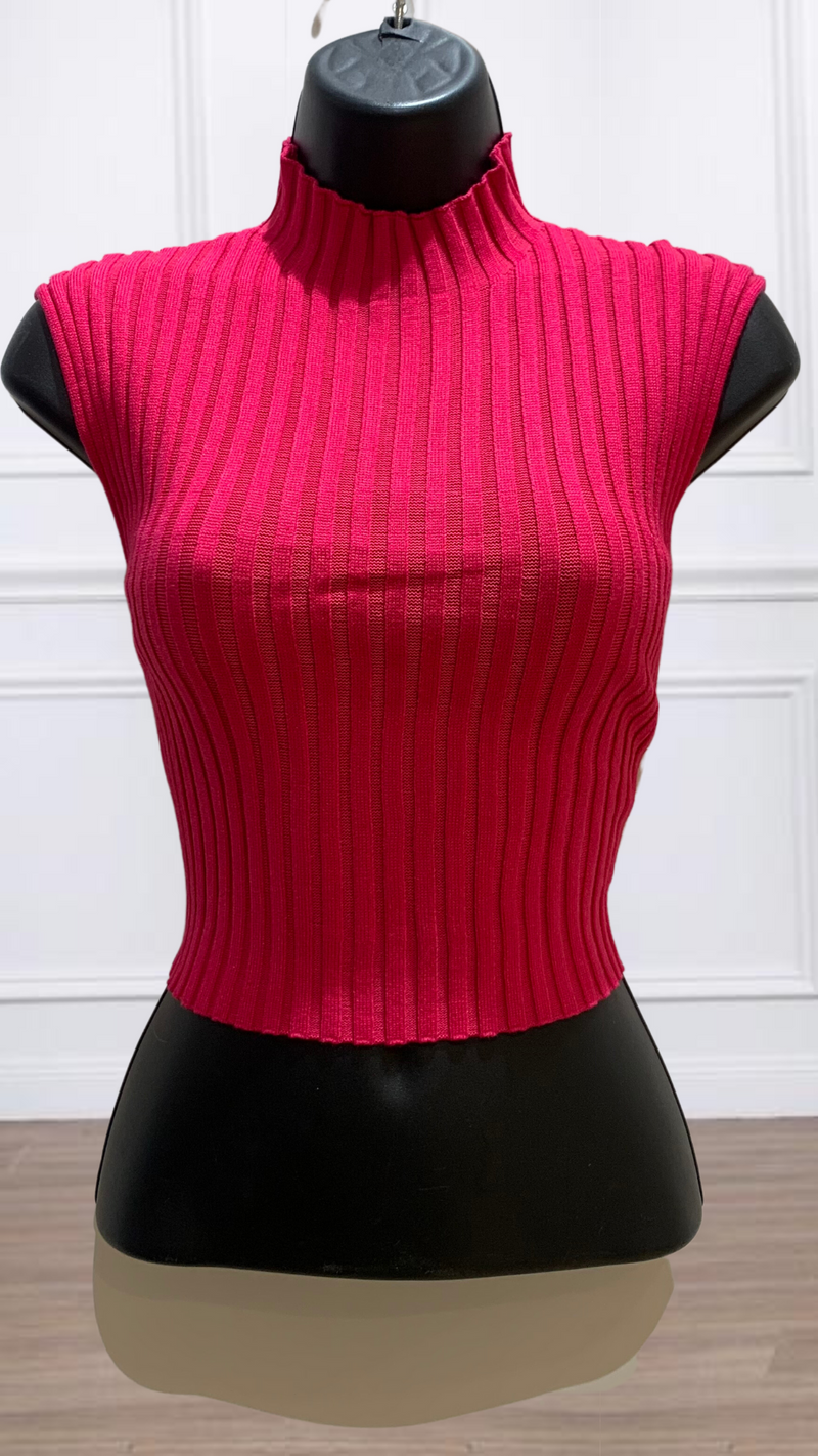 Lewis - Fuschia Ribbed Funnel Neck Top