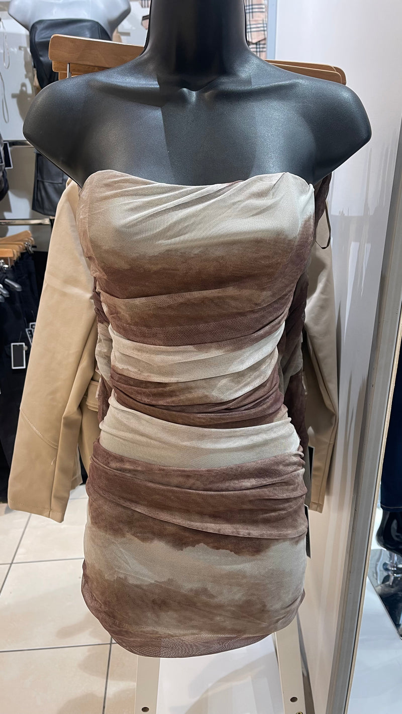 Karen - Brown/Beige Ruched Marble Dress