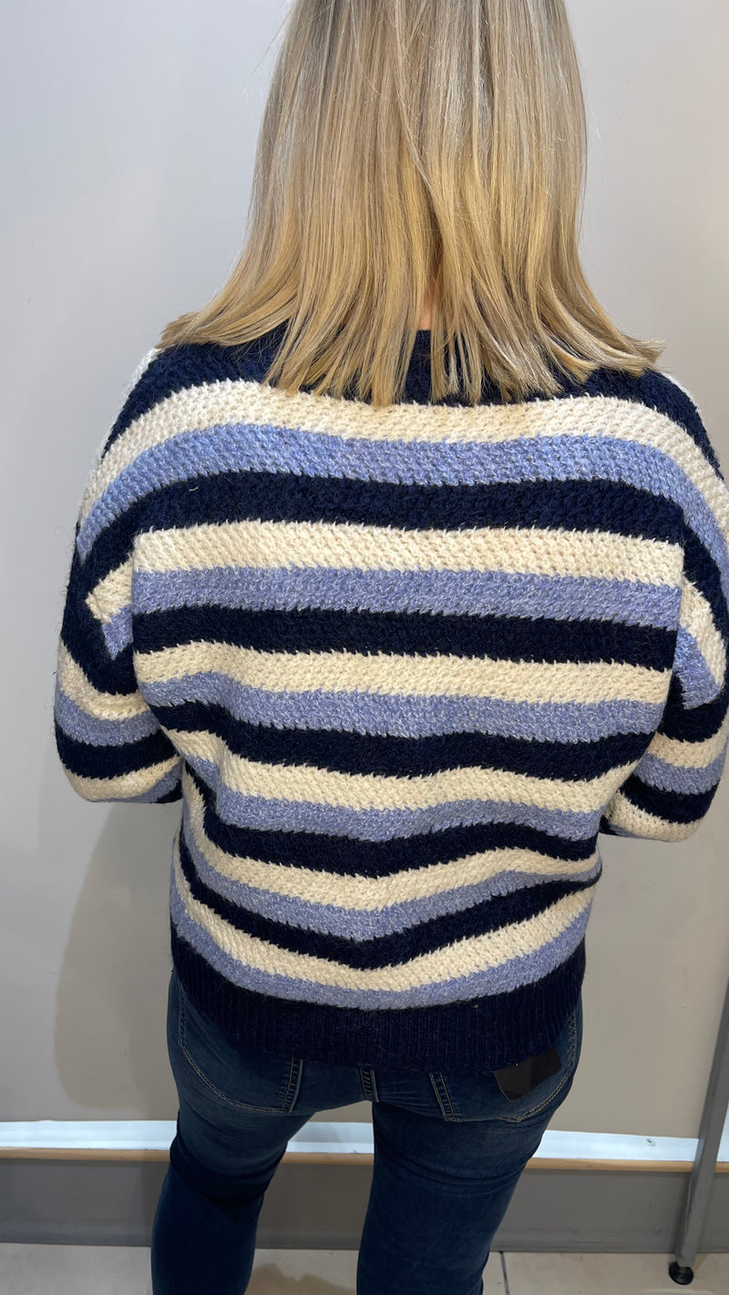 Jenny - Navy/Sky Stripe Button Knit Cardigan