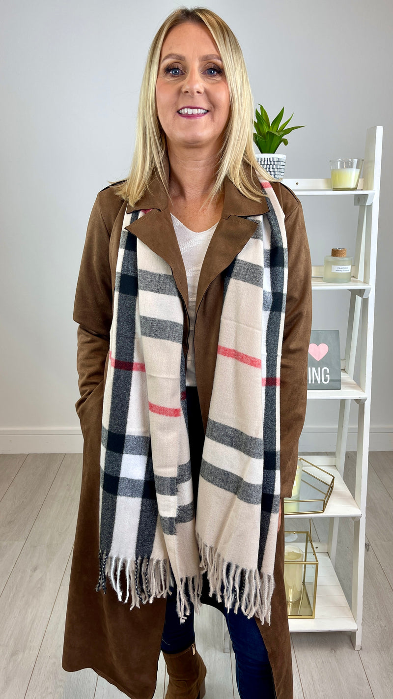 Bella - Beige Designer Inspired Checked Winter scarf