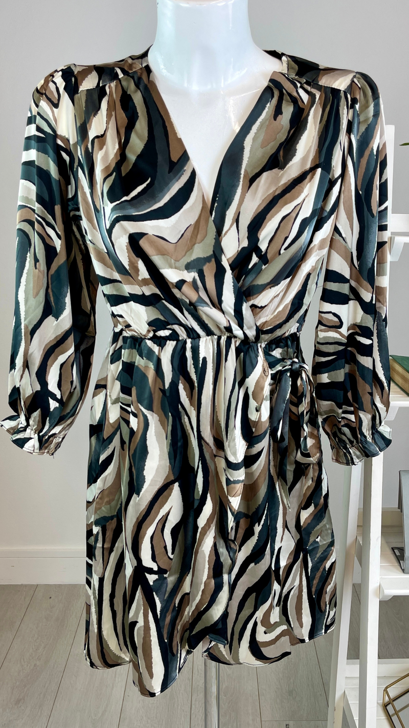 Taylor - Black/Taupe Print Wrap Over Lined Dress