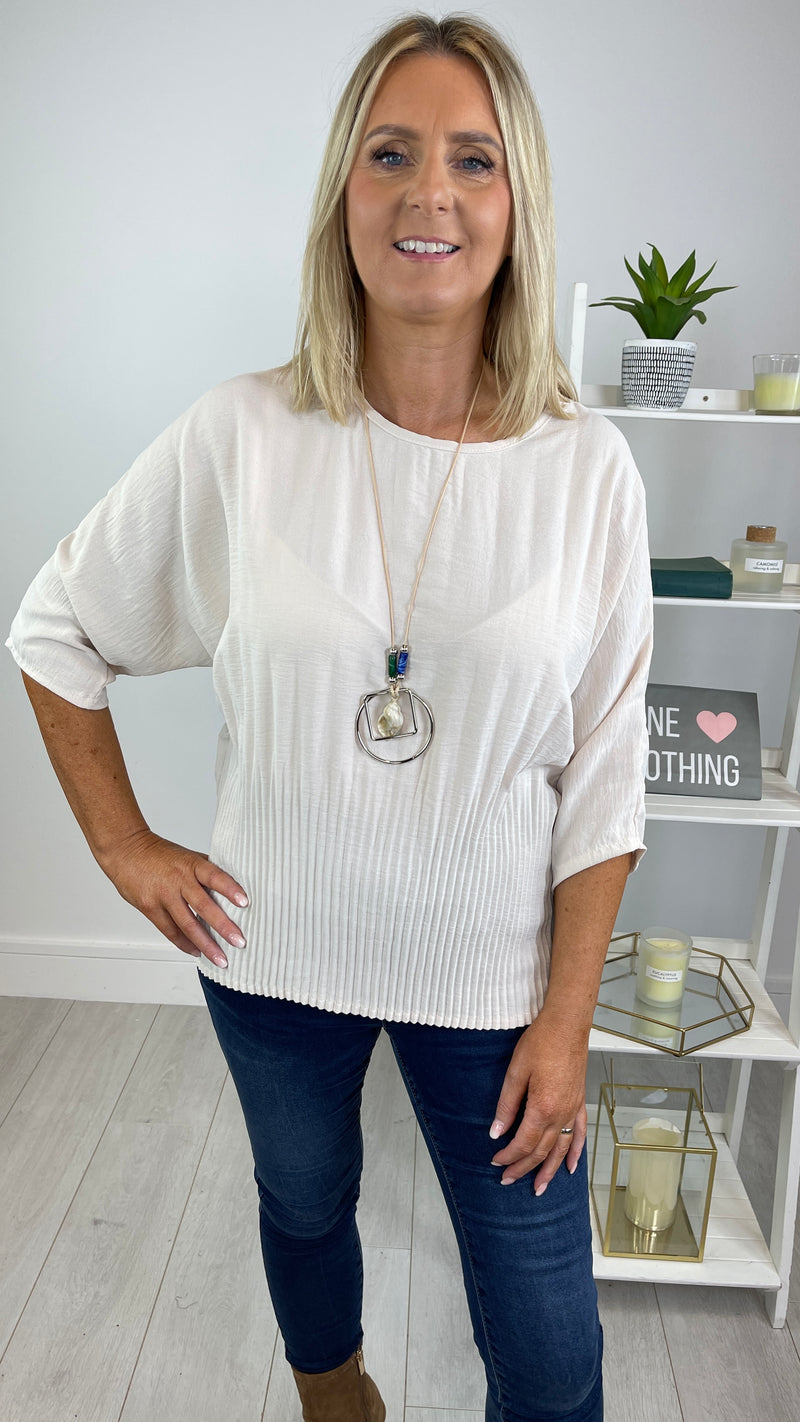Sadie - Beige Pleated Hem Necklace Top