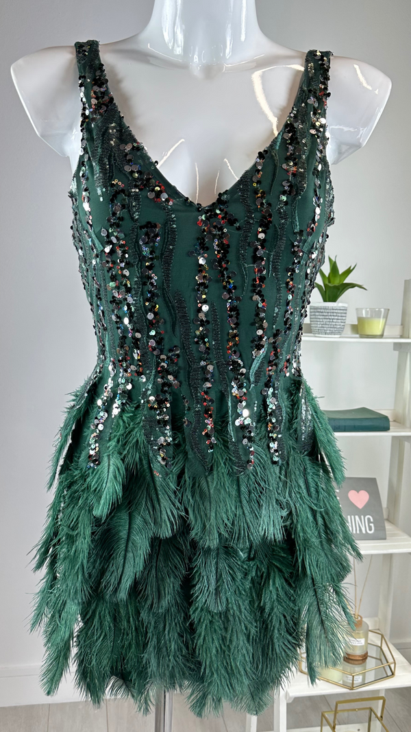 Vanessa - Feather Sequin Detail Dress Green